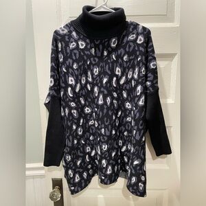 Black and Gray Animal Print Turtleneck Sweater, Tunic Length, Size Medium